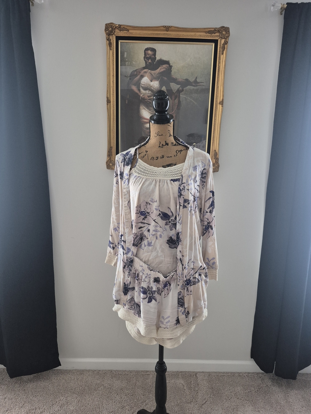 Floral Crochet-Trim Peasant Top in Light Beige and Lavender